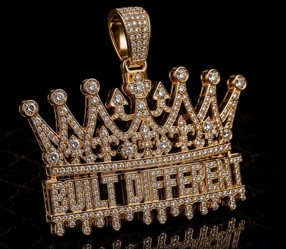 Custom made solid gold crown pendant with natural flawless diamonds throughout. Personalized design in Miami